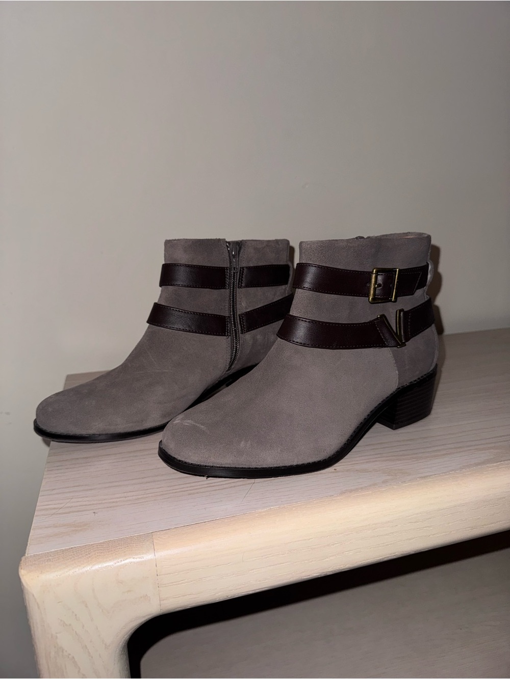 Vionic Tan Suede Ankle Boots with Dark Brown Straps
